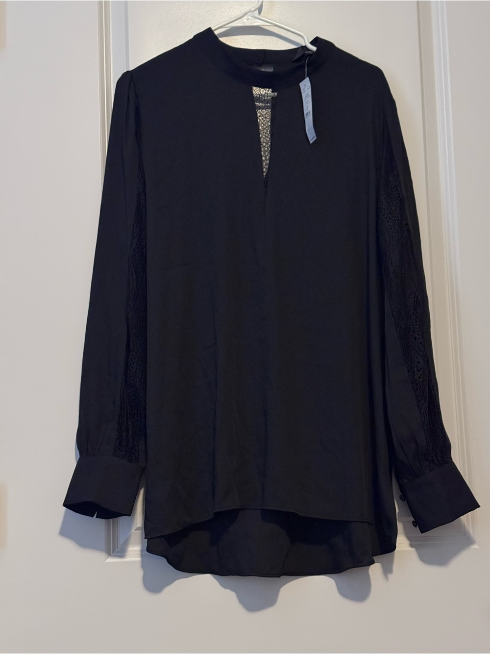 White House Black Market Black Lace-Panel Long-Sleeve Blouse